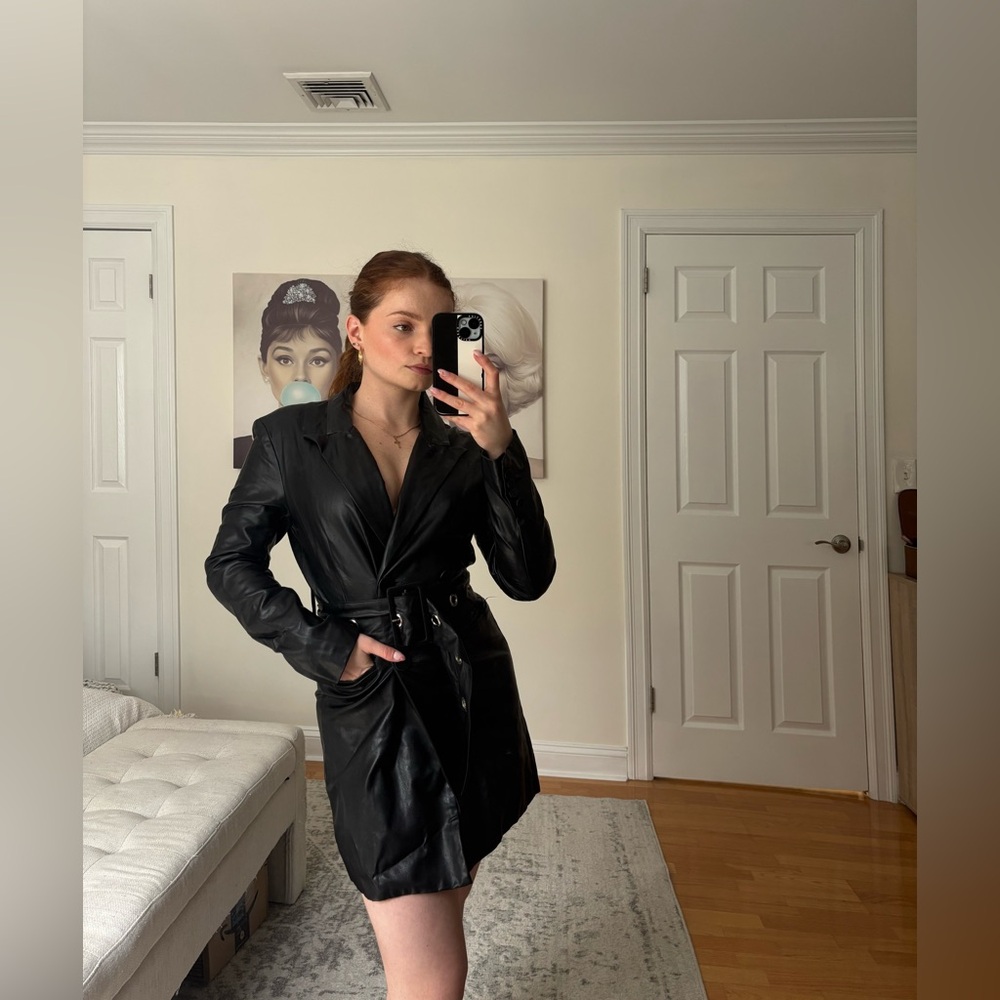 Signature8 Black Faux Leather Belted Trench Coat
